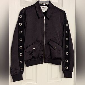 NWT DKNY Women's (Size Small) Black Logo Grommet Woven Lined Bomber Jacket
